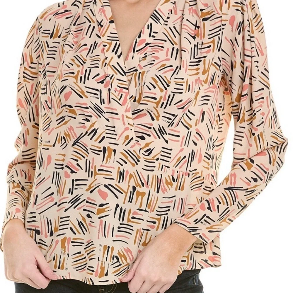 CABi Marni Blouse Abstract Brush Print ivory, navy, mustard, & coral. NWOT #046